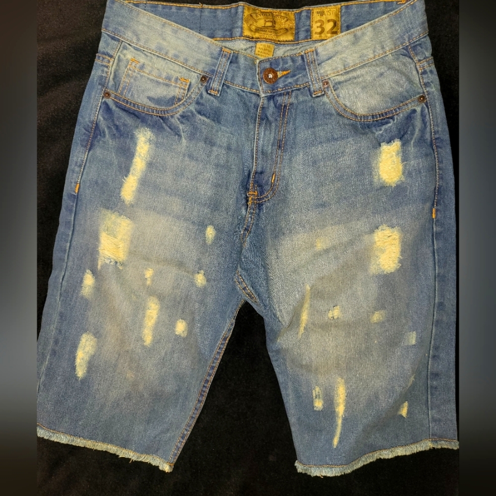 Blue Distressed Jean Shorts with Raw-Edge Hem